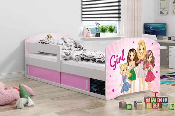 Kinderbett Leo 80x160 Bett für Mädchen Girlsmotiv Weiß Rosa Grau Kiefer